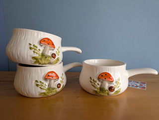 trio of mushroom themed soup bowls with handles, handmade and handpainted