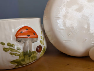trio of mushroom themed soup bowls with handles, handmade and handpainted
