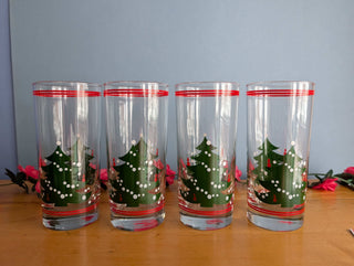 set of 6 Tall Tumblers with green christmas tree and red ribbon stripes, heavy bottomed