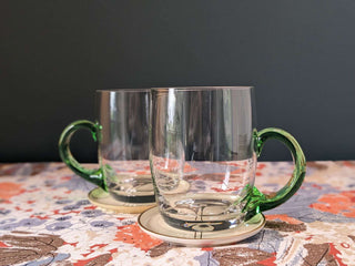 pair of clear glass mugs, handblown, green handle, volume 500ml -  - #tag1# - #tag2# - #tag3# - #tag4# - the Artful Accumulator's Vintage Boutique