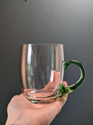 pair of clear glass mugs, handblown, green handle, volume 500ml -  - #tag1# - #tag2# - #tag3# - #tag4# - the Artful Accumulator's Vintage Boutique