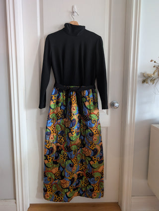 Jane - hostess dress - beautiful black high collared, zip up dress with fall colours quilted floral skirt