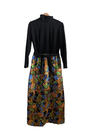 Jane - hostess dress - beautiful black high collared, zip up dress with fall colours quilted floral skirt