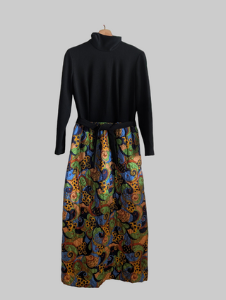 Jane - hostess dress - beautiful black high collared, zip up dress with fall colours quilted floral skirt
