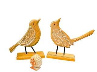 Set of 2, vintage painted wood birds with carved wings