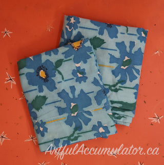 Lillian - set of 2 pillowcases - blue flowers on light bluegreen background with green leaves and yellow green blue stripes