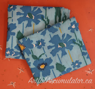 Lillian - set of 2 pillowcases - blue flowers on light bluegreen background with green leaves and yellow green blue stripes