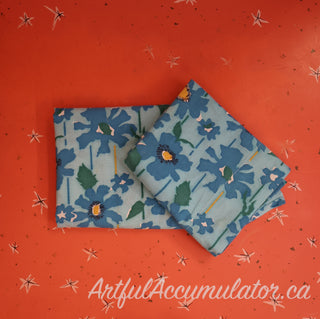 Lillian - set of 2 pillowcases - blue flowers on light bluegreen background with green leaves and yellow green blue stripes