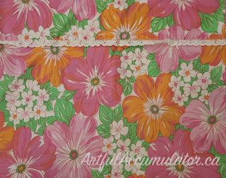 Frances - set of 2 pillowcases - bright pink and orange floral illustration with lace edging