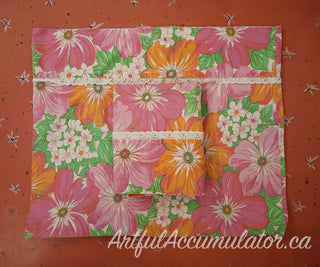 Frances - set of 2 pillowcases - bright pink and orange floral illustration with lace edging