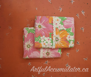 Frances - set of 2 pillowcases - bright pink and orange floral illustration with lace edging