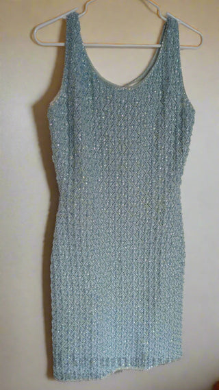 Beaded Wool Dress in a light sky blue yarn with faceted beads woven throughout - Artful Accumulator Boutique Vintage