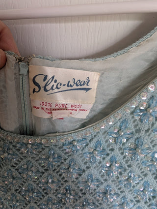 Beaded Wool Dress in a light sky blue yarn with faceted beads woven throughout - Artful Accumulator Boutique Vintage