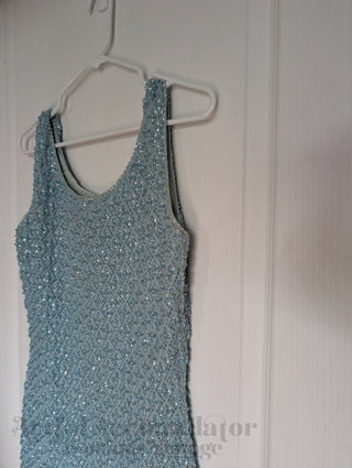 Beaded Wool Dress in a light sky blue yarn with faceted beads woven throughout - Artful Accumulator Boutique Vintage