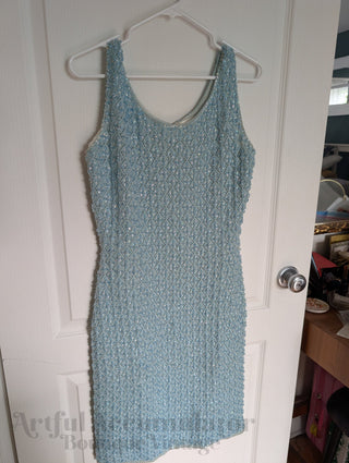 Beaded Wool Dress in a light sky blue yarn with faceted beads woven throughout - Artful Accumulator Boutique Vintage