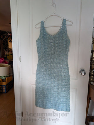 Beaded Wool Dress in a light sky blue yarn with faceted beads woven throughout - Artful Accumulator Boutique Vintage