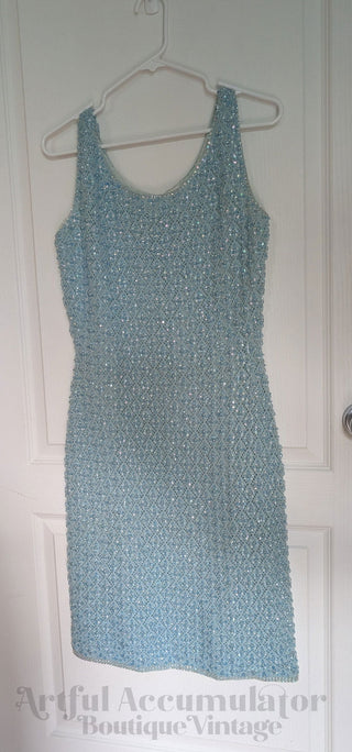 Beaded Wool Dress in a light sky blue yarn with faceted beads woven throughout - Artful Accumulator Boutique Vintage