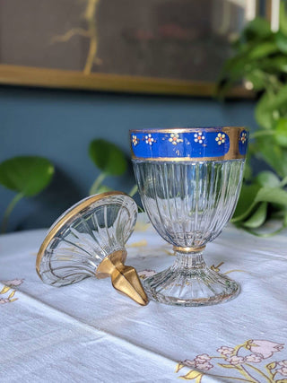 Blue and Gold lustre stemmed and footer candy dish with removable lid and small painted flowers - Artful Accumulator Boutique Vintage