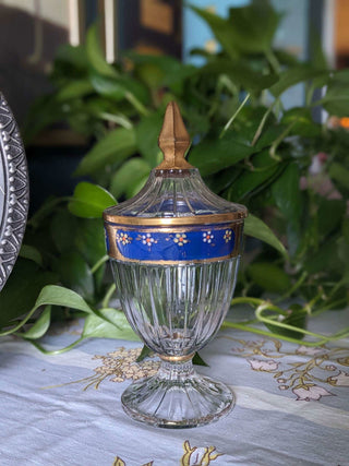Blue and Gold lustre stemmed and footer candy dish with removable lid and small painted flowers - Artful Accumulator Boutique Vintage
