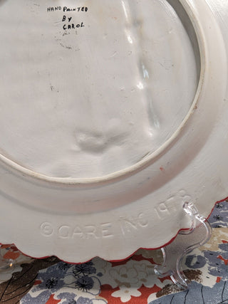 "Christmas + Carol" a pearlescent holiday plate with scalloped edges, hand-painted by Carol -  - #tag1# - #tag2# - #tag3# - #tag4# - the Artful Accumulator's Vintage Boutique