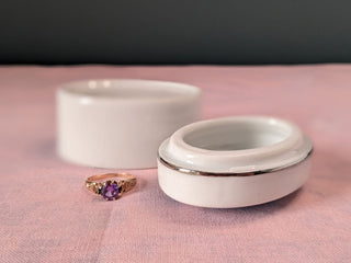 "Clouds & Blue Skies" a very, very small oval trinket jar with imagery of clouds and silver edging on fitted lid -  - #tag1# - #tag2# - #tag3# - #tag4# - the Artful Accumulator's Vintage Boutique
