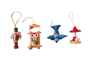 Collection of 4 of Holiday vintage wooden christmas ornaments themed - Artful Accumulator Boutique Vintage