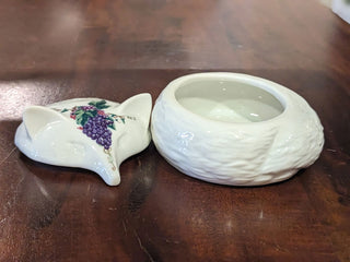 "Cozy White Fox" little white fox trinket box with purple and green florals, round -  - #tag1# - #tag2# - #tag3# - #tag4# - the Artful Accumulator's Vintage Boutique