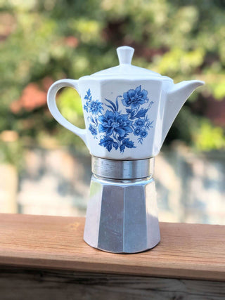 Espresso Maker Percolator with ceramic pot and blue floral decals - Artful Accumulator Boutique Vintage