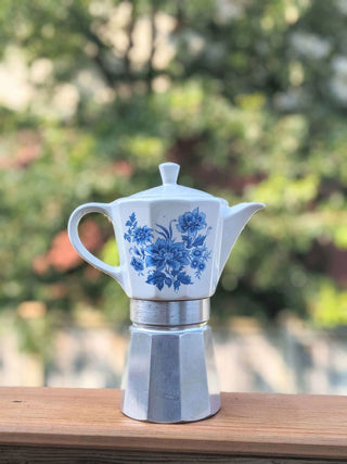Espresso Maker Percolator with ceramic pot and blue floral decals - Artful Accumulator Boutique Vintage