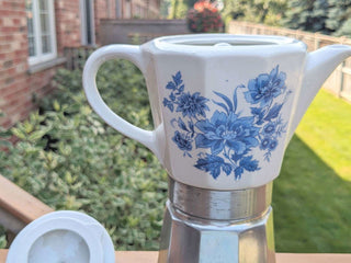 Espresso Maker Percolator with ceramic pot and blue floral decals - Artful Accumulator Boutique Vintage