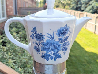 Espresso Maker Percolator with ceramic pot and blue floral decals - Artful Accumulator Boutique Vintage