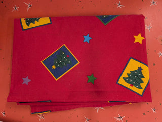 Esther - rectangle christmas tablecloth - red with framed christmas tree and star graphics - Artful Accumulator Boutique Vintage