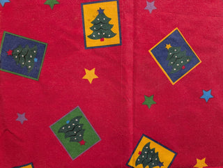Esther - rectangle christmas tablecloth - red with framed christmas tree and star graphics - Artful Accumulator Boutique Vintage