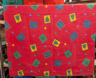 Esther - rectangle christmas tablecloth - red with framed christmas tree and star graphics - Artful Accumulator Boutique Vintage