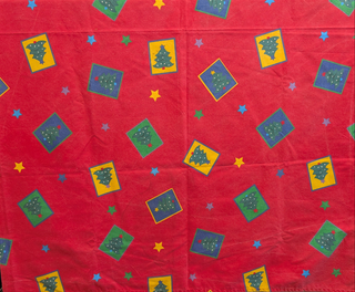 Esther - rectangle christmas tablecloth - red with framed christmas tree and star graphics - Artful Accumulator Boutique Vintage
