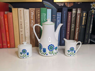 Floral motif Teapot with 5 mini mugs, creamer, and lidded sugar pot, made in Japan -  - #tag1# - #tag2# - #tag3# - #tag4# - the Artful Accumulator's Vintage Boutique