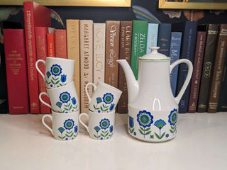 Floral motif Teapot with 5 mini mugs, creamer, and lidded sugar pot, made in Japan -  - #tag1# - #tag2# - #tag3# - #tag4# - the Artful Accumulator's Vintage Boutique