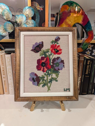 Framed floral needlepoint with red and violet flowers - Artful Accumulator Boutique Vintage