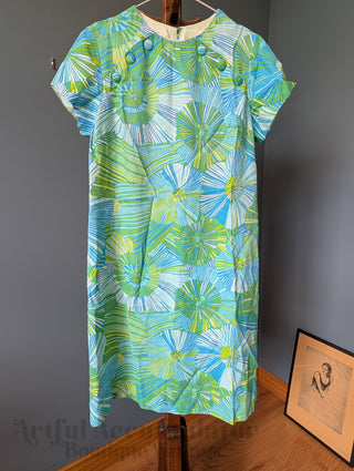 Green and blue striped flower shift dress with button accents - Artful Accumulator Boutique Vintage