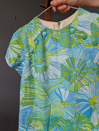 Green and blue striped flower shift dress with button accents - Artful Accumulator Boutique Vintage