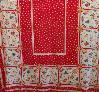Audrey - Rectangle tablecloth - Festive pattern with scalloped red edge, stars, holly, santa, christmas presents