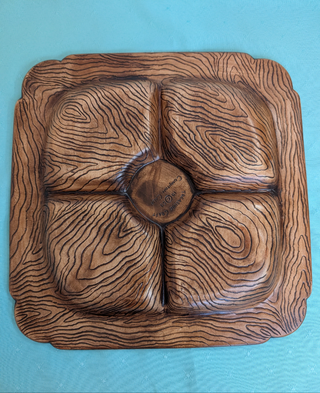 Ceramic faux wood grain divided tray with fruit motifs. Treasure Craft 1956