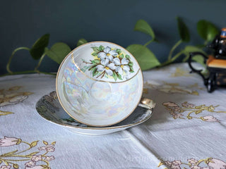 Iridescent Floral Tea cup & saucer, light blue with white flowers and green leaves -  - #tag1# - #tag2# - #tag3# - #tag4# - the Artful Accumulator's Vintage Boutique