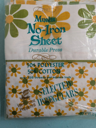 Margaret - twin Top Sheet - Golden yellow and avocado Green flowers - original packaging - Artful Accumulator Boutique Vintage