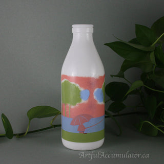 Milk Glass Bottle by Arpac with design: park in the rain with umbrella and fishing pole -  - #tag1# - #tag2# - #tag3# - #tag4# - the Artful Accumulator's Vintage Boutique