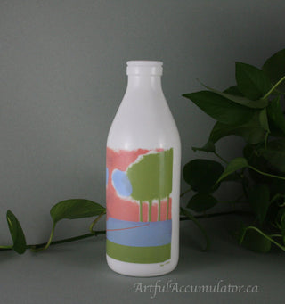 Milk Glass Bottle by Arpac with design: park in the rain with umbrella and fishing pole -  - #tag1# - #tag2# - #tag3# - #tag4# - the Artful Accumulator's Vintage Boutique