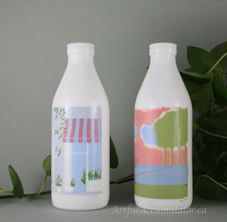 Milk Glass Bottle by Arpac with design: park in the rain with umbrella and fishing pole -  - #tag1# - #tag2# - #tag3# - #tag4# - the Artful Accumulator's Vintage Boutique