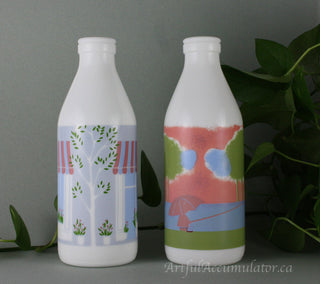 Milk Glass Bottle by Arpac with design: trees with leaves, flowers, storefront -  - #tag1# - #tag2# - #tag3# - #tag4# - the Artful Accumulator's Vintage Boutique