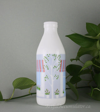 Milk Glass Bottle by Arpac with design: trees with leaves, flowers, storefront -  - #tag1# - #tag2# - #tag3# - #tag4# - the Artful Accumulator's Vintage Boutique