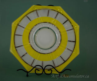 Octagon yellow and white glass platter with silver accent, display plate -  - #tag1# - #tag2# - #tag3# - #tag4# - the Artful Accumulator's Vintage Boutique